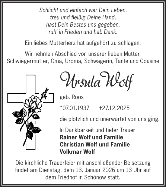 Traueranzeige von Ursula Wolf von Märkische Oderzeitung