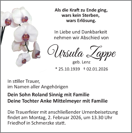 Traueranzeige von Ursula Zappe von Märkische Oderzeitung