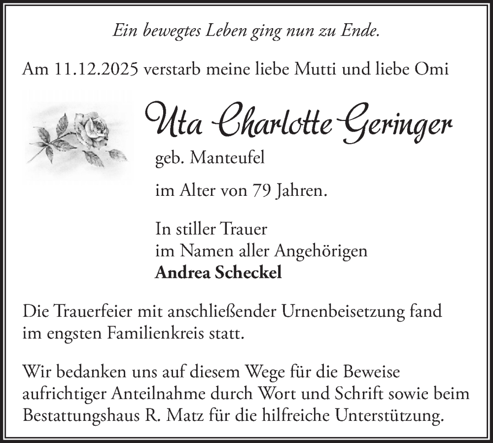  Traueranzeige für Uta Charlotte Geringer vom 24.01.2026 aus Märkische Oderzeitung