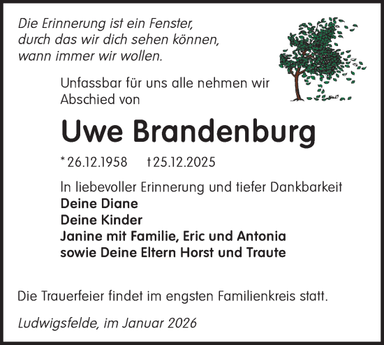 Traueranzeige von Uwe Brandenburg von Blickpunkt Jüterbog/Luckenwalde
