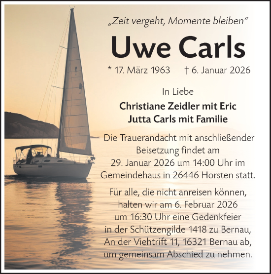 Traueranzeige von Uwe Carls von Märkische Oderzeitung