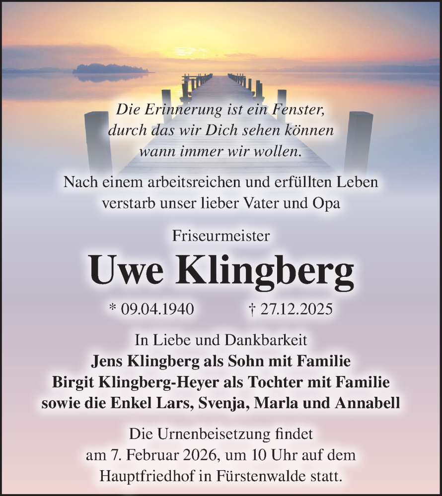  Traueranzeige für Uwe Klingberg vom 31.01.2026 aus Märkische Oderzeitung