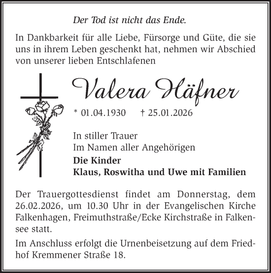 Traueranzeige von Valera Häfner von Märkische Oderzeitung