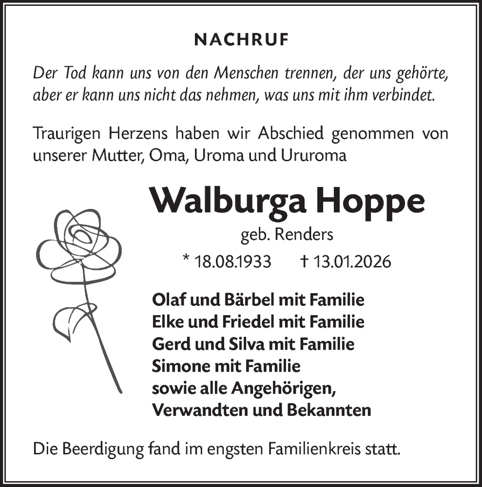  Traueranzeige für Walburga Hoppe vom 31.01.2026 aus Märkische Oderzeitung