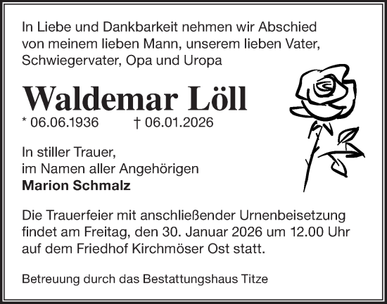 Traueranzeige von Waldemar Löll von Märkische Oderzeitung