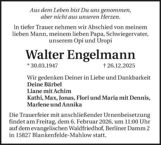 Traueranzeige von Walter Engelmann von Blickpunkt Ludwigsfelde/Zossen
