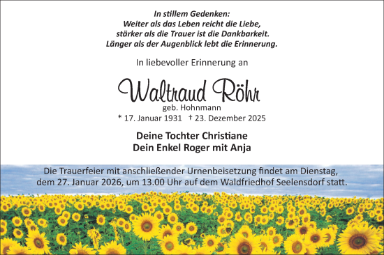 Traueranzeige von Waltnaud Röhn von Märkische Oderzeitung