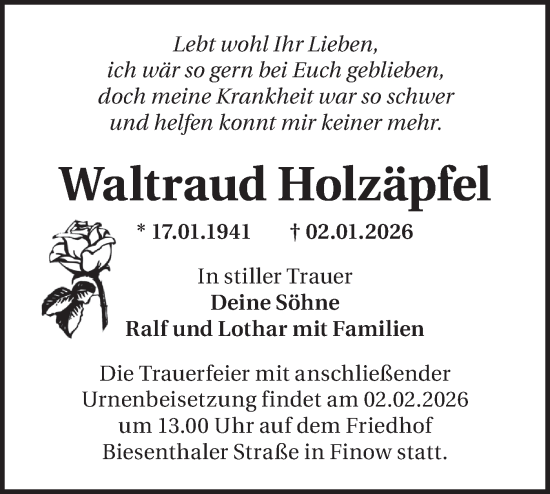 Traueranzeige von Waltraud Holzäpfel von Märkische Oderzeitung