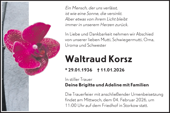 Traueranzeige von Waltraud Korsz von Märkische Oderzeitung
