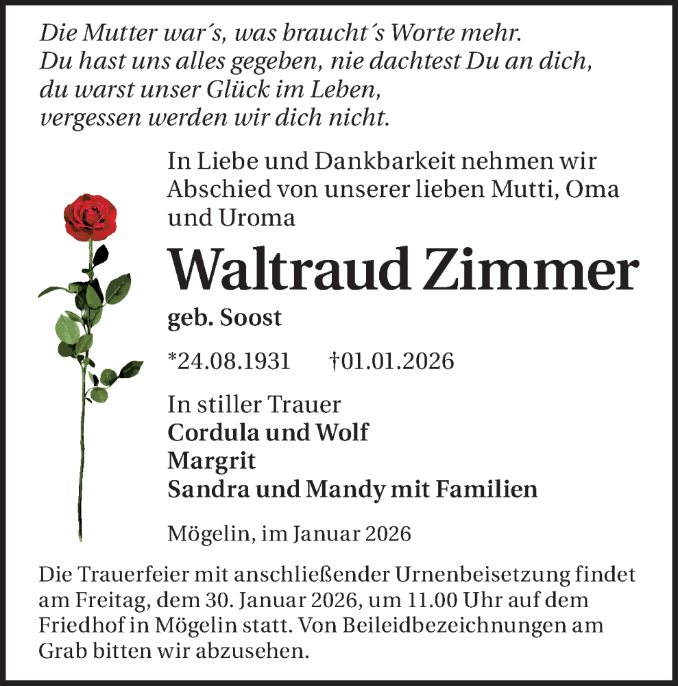  Traueranzeige für Waltraud Zimmer vom 17.01.2026 aus Märkische Oderzeitung