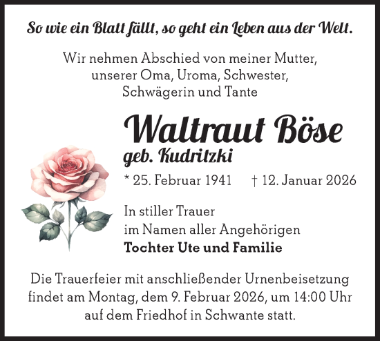 Traueranzeige von Waltraut Böse von Märkische Oderzeitung