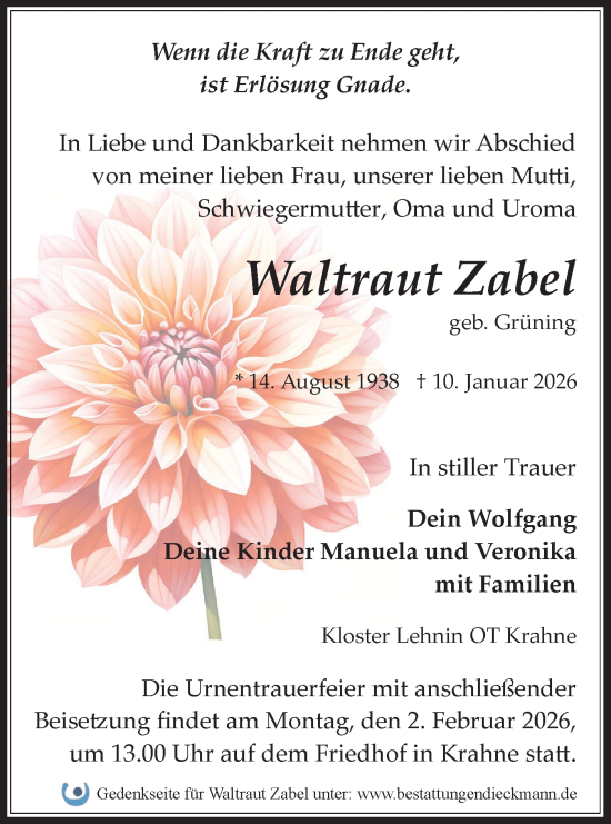 Traueranzeige von Waltraut Zabel von Märkische Oderzeitung