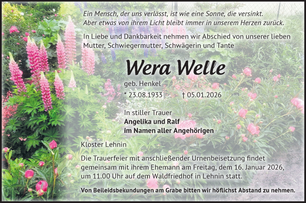  Traueranzeige für Wera Welle vom 10.01.2026 aus Märkische Oderzeitung