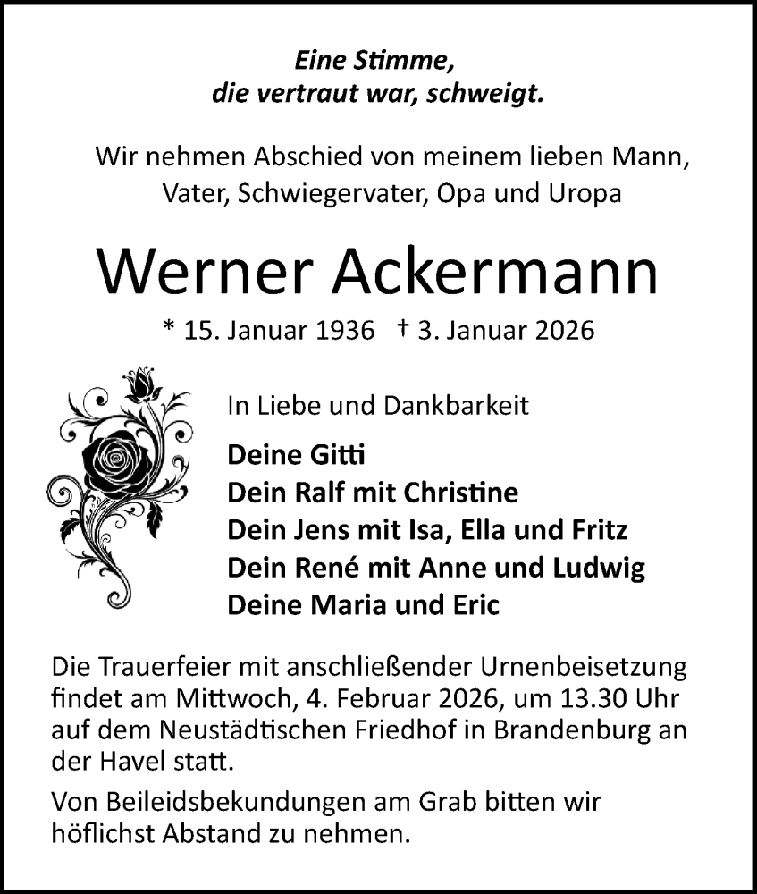  Traueranzeige für Werner Ackermann vom 17.01.2026 aus Märkische Oderzeitung