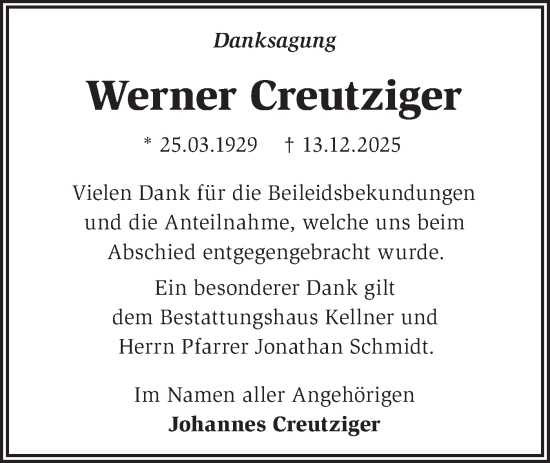 Traueranzeige von Werner Creutziger von MO Uckerm.-Anz.