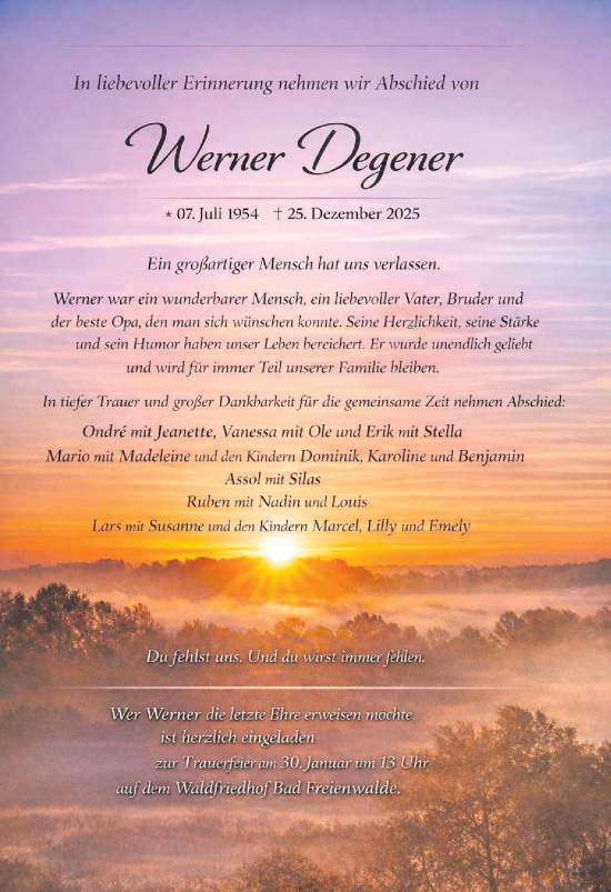 Traueranzeige von Werner Degener von Märkische Oderzeitung
