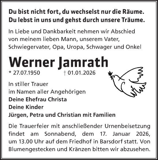 Traueranzeige von Werner Jamrath von Märkische Oderzeitung