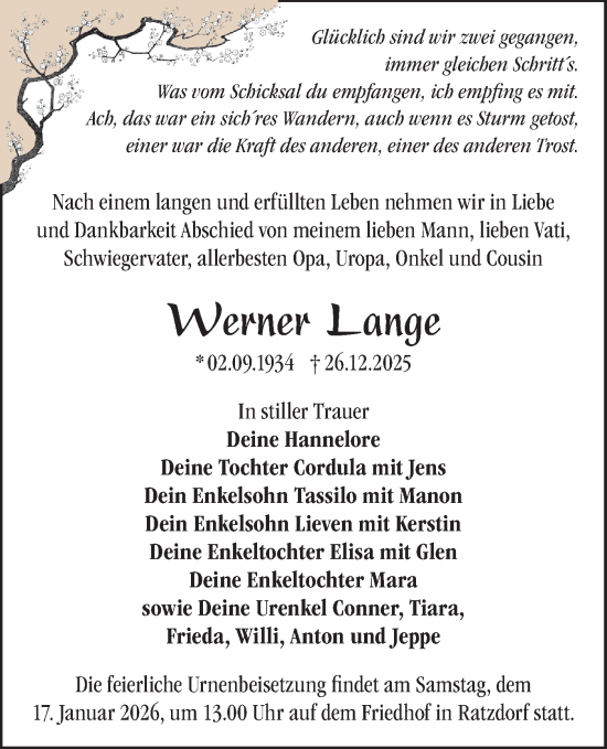 Traueranzeige von Werner Lange von Märkische Oderzeitung