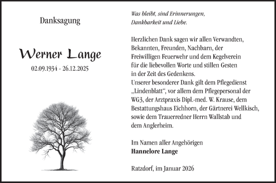 Traueranzeige von Werner Lange von Märkische Oderzeitung