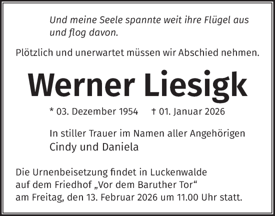Traueranzeige von Werner Liesigk von Blickpunkt Jüterbog/Luckenwalde