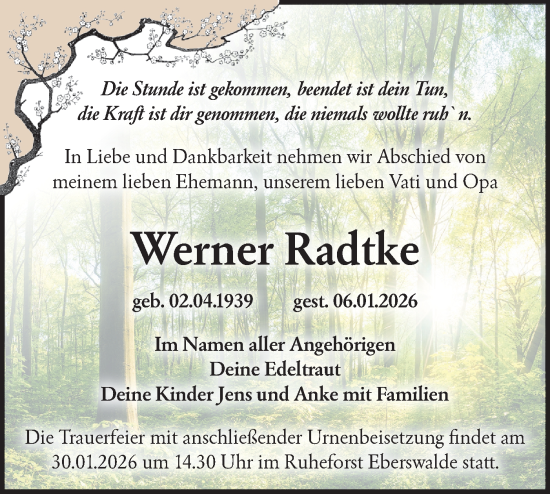 Traueranzeige von Werner Radtke von Märkische Oderzeitung