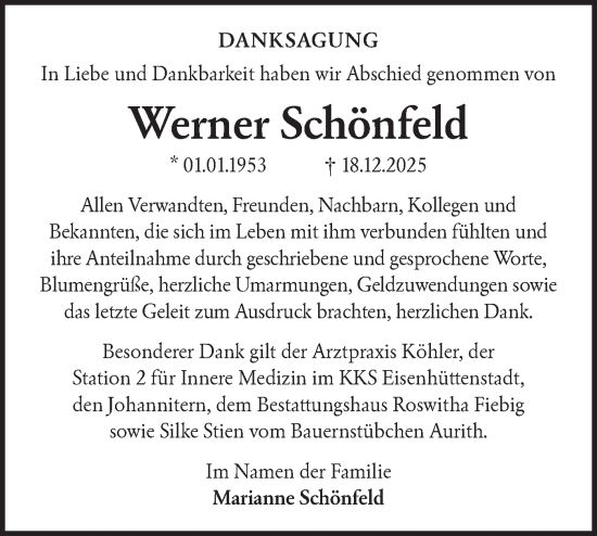 Traueranzeige von Werner Schönfeld von Märkische Oderzeitung