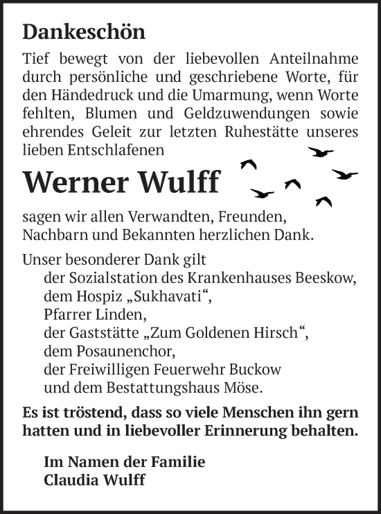 Traueranzeige von Werner Wulff von Märkische Oderzeitung