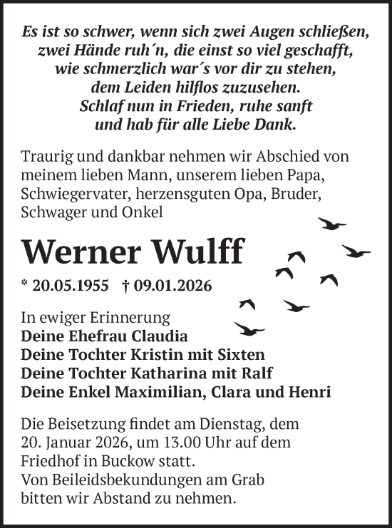 Traueranzeige von Werner Wulff von Märkische Oderzeitung