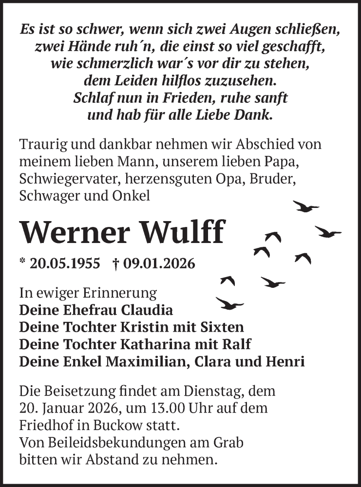  Traueranzeige für Werner Wulff vom 16.01.2026 aus Märkische Oderzeitung