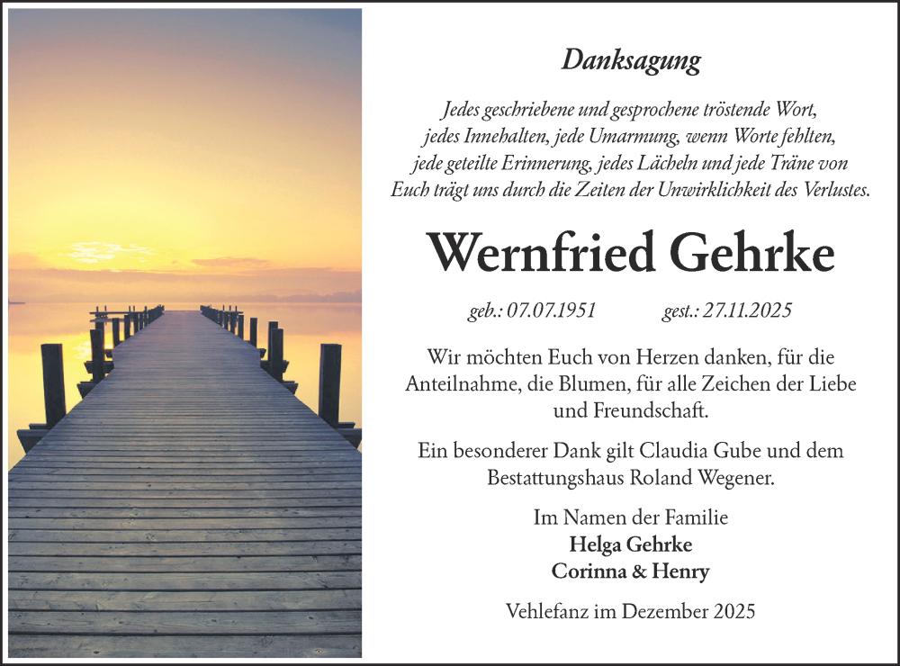  Traueranzeige für Wernfried Gehrke vom 10.01.2026 aus Märkische Oderzeitung