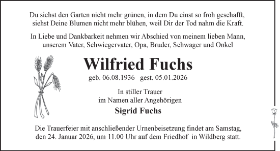 Traueranzeige von Wilfried Fuchs von Märkische Oderzeitung
