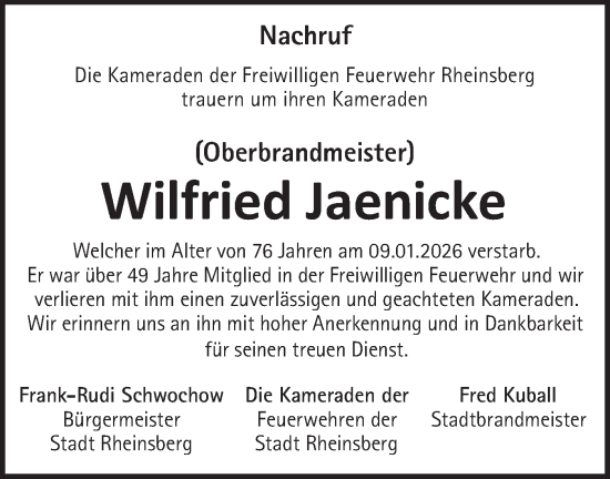 Traueranzeige von Wilfried Jaenicke von Märkische Oderzeitung