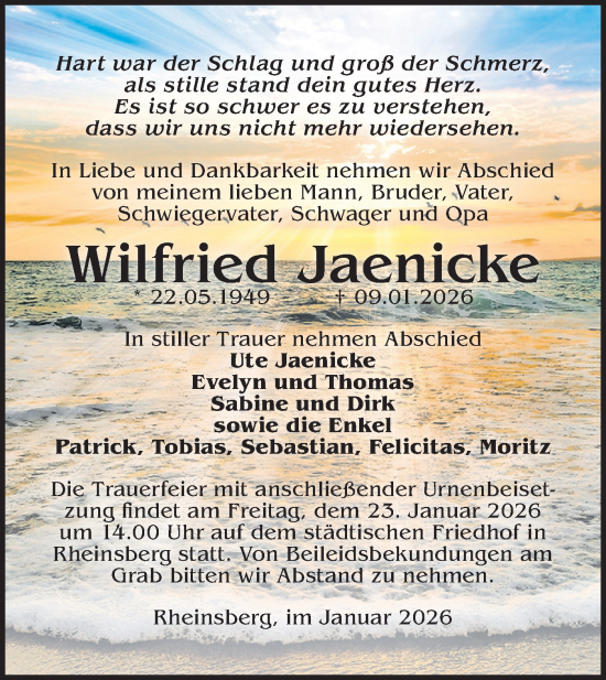 Traueranzeige von Wilfried Jaenicke von Märkische Oderzeitung