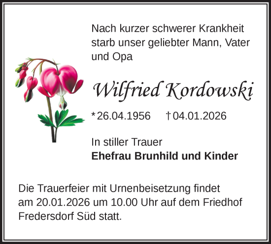 Traueranzeige von Wilfried Kordowski von Märkische Oderzeitung