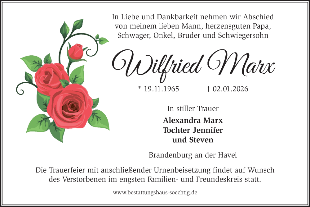  Traueranzeige für Wilfried Marx vom 10.01.2026 aus Märkische Oderzeitung