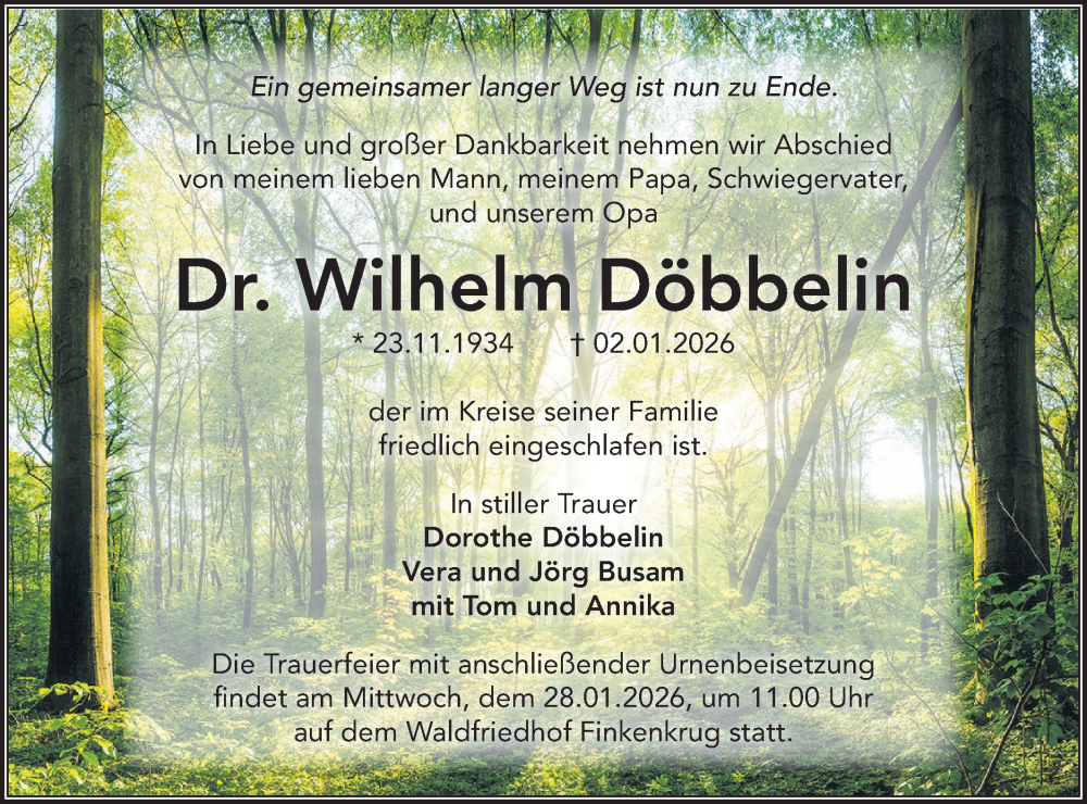  Traueranzeige für Wilhelm Döbbelin vom 17.01.2026 aus Märkische Oderzeitung