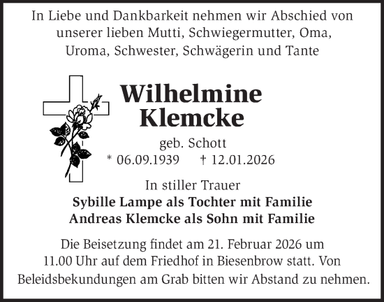 Traueranzeige von Wilhelmine Klemcke von MO Uckerm.-Anz.
