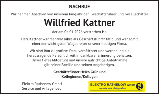 Traueranzeige von Willfried Kattner von Märkische Oderzeitung