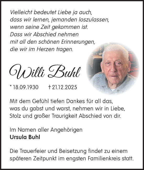 Traueranzeige von Willi Buhl von Blickpunkt Jüterbog/Luckenwalde