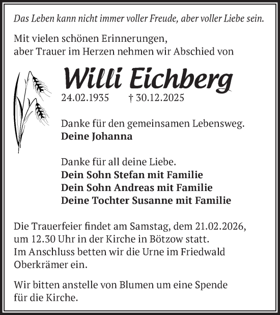 Traueranzeige von Willi Eichberg von Märkische Oderzeitung