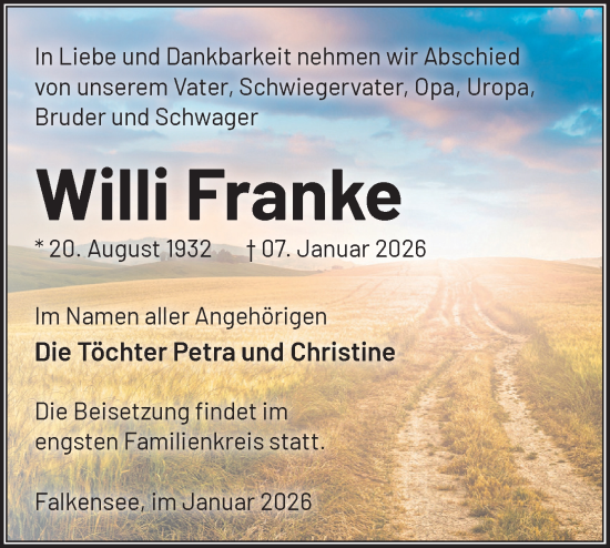 Traueranzeige von Willi Franke von Märkische Oderzeitung