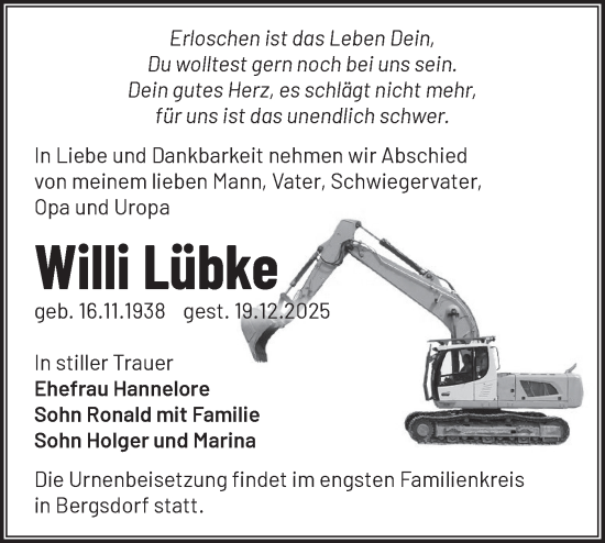 Traueranzeige von Willi Lübke von Märkische Oderzeitung