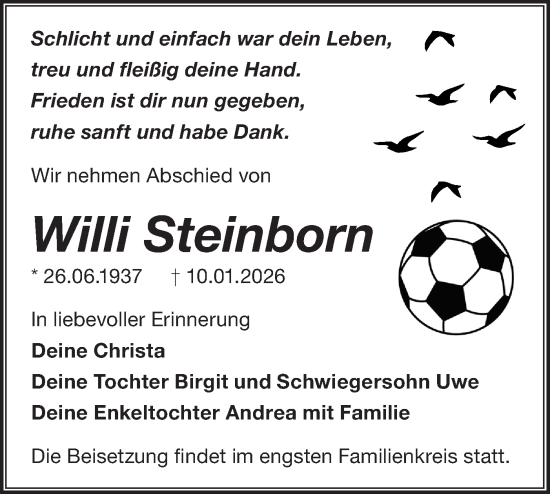 Traueranzeige von Willi Steinborn von Märkische Oderzeitung