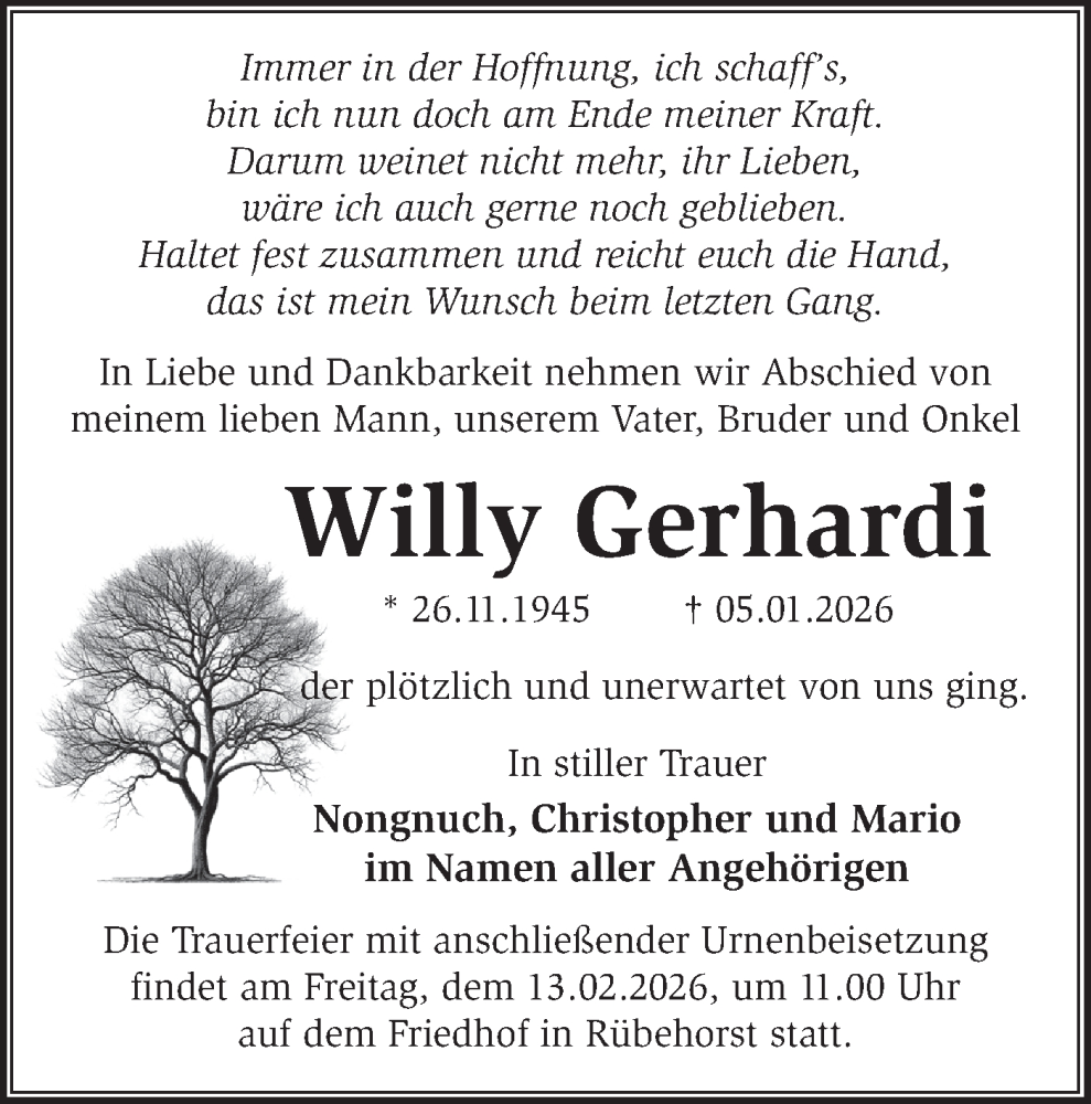  Traueranzeige für Willy Gerhardi vom 31.01.2026 aus Märkische Oderzeitung
