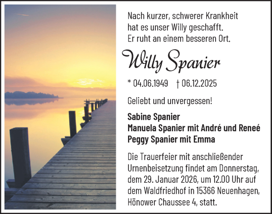 Traueranzeige von Willy Spanier von Märkische Oderzeitung
