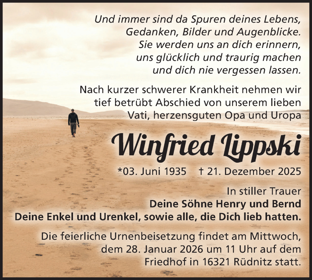  Traueranzeige für Winfried Lippski vom 10.01.2026 aus Märkische Oderzeitung