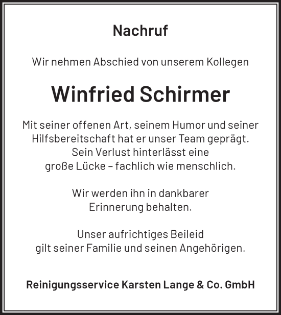 Traueranzeige von Winfried Schirmer von Märkische Oderzeitung
