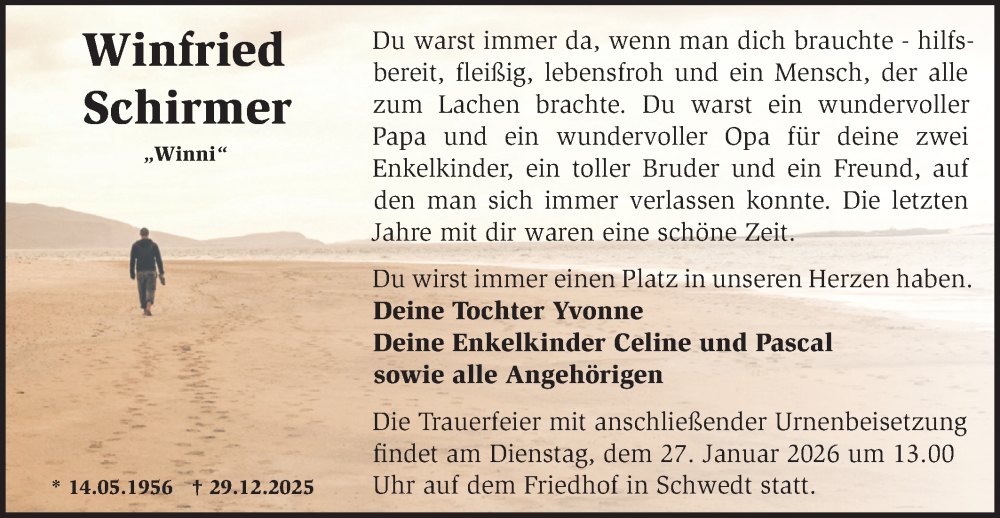  Traueranzeige für Winfried Schirmer vom 17.01.2026 aus MO Uckerm.-Anz.