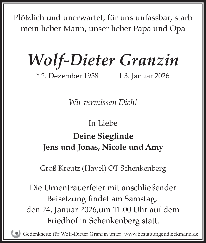  Traueranzeige für Wolf-Dieter Granzin vom 17.01.2026 aus Märkische Oderzeitung
