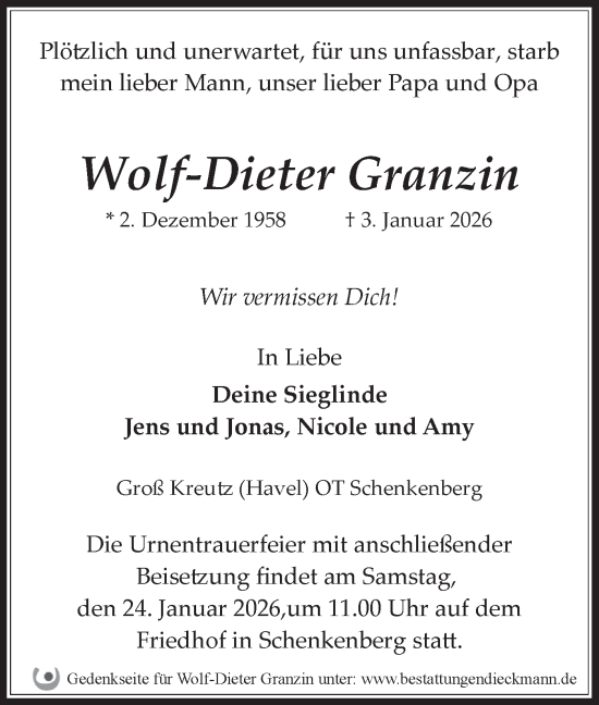 Traueranzeige von Wolf-Dieter Granzin von Märkische Oderzeitung